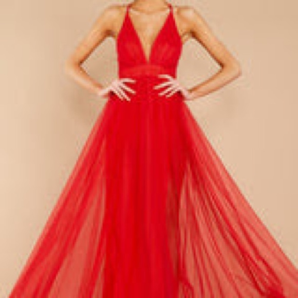 Red Dress Tulle Maxi with Slits - Size S